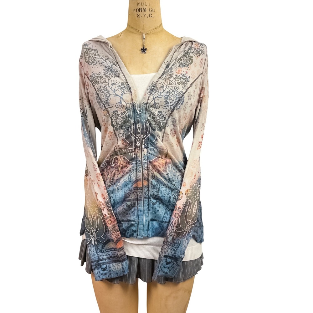 2000s McBling Rhinestone Zip Up Hoodie Fairy Grunge Paisley Ombre Size L Y2K - Picture 5 of 10